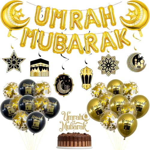Umrah Mubarak Deko Ballons Set Umrah Mubarak Deko Ramazan Geschenk Schwarz Gold Hajj Dekoration Luftballons und Hängende Wirbel FüR Muslim Hosgeldin Ramazan Eid Islamische Festival Dekorationen