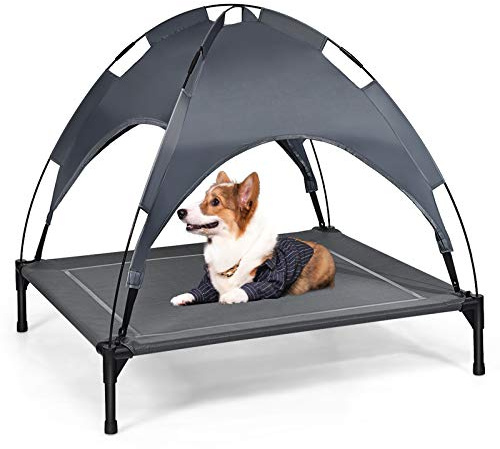 GYMAX Elevated Dog Bed with Removable Canopy, Portable Pet Cot Canopy, Cooling Raised Dogs Cats Bed for Indoor and Outdoor (L)