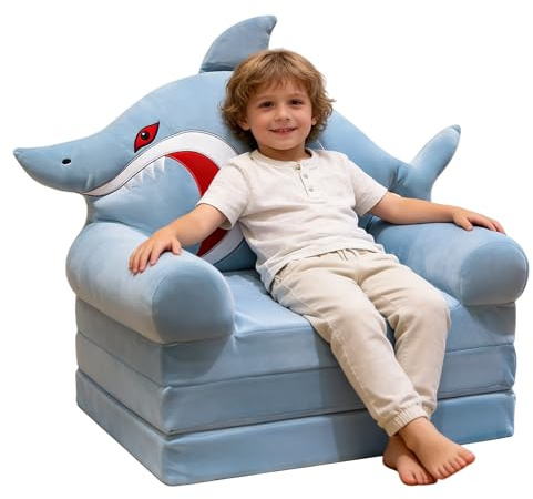 Xiyocadt Kindersessel Hai – Weiches Gepolstertes Kinder Sofa aus Schaumstoff, Niedlicher Kindersessel für Kinderzimmer, Lesen, Spielen & Entspannen (Hai)