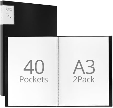 QWORK® 2 Pièces Porte-Vues A3, 40 Pochettes, 80 Pages - Protège-Documents Polypropylène Imperméable