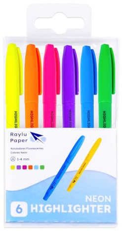 RAYLU PAPER – Evidenziatori Fluo Neon con Punta a Scalpello, Set Evidenziatori da 6 con Tratto 1–4 mm, Highlighters per Studio, Ufficio e Organizzazione (Neon)