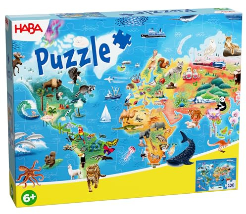 HABA Puzzle Weltkarte für Kinder – 100 Teile Lernpuzzle, Kontinente & Tiere entdecken, Geografie spielerisch Lernen, ab 6 Jahren, 49 x 36 cm – 2013400001