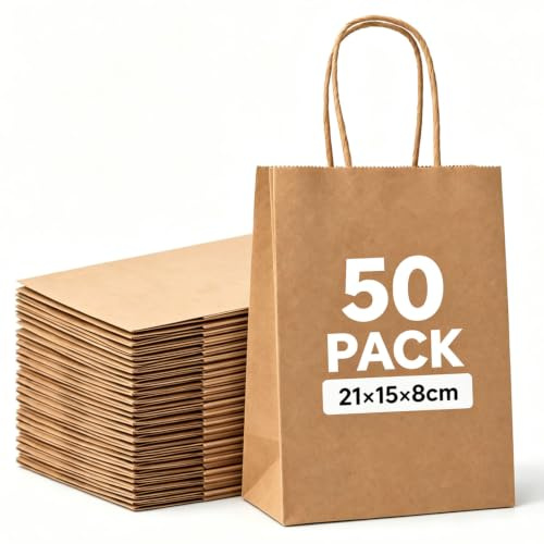 50er-Pack Braune Papiertüten mit Henkel 21x15x8 cm, Kleine Kraftpapiertüte, Wiederverwendbare Geschenktüten, Papiertüten für Partys und Versammlungen