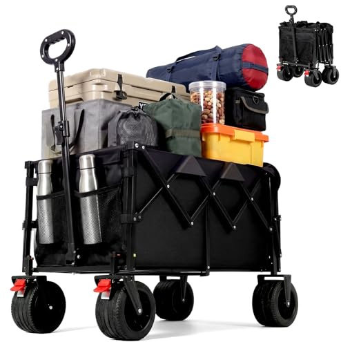HAUSPROFI Bollerwagen Faltbar 150-200L 200KG Tragkraft, Faltbarer Bollerwagen Geländetauglich mit Bremsen, All-Terrain, Seitentasche und Getränkehalter, für Outdoor, Camping, Garten und Einkaufen