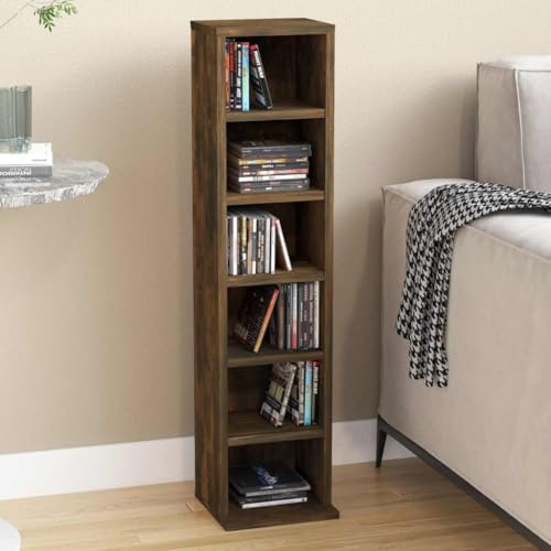 SooIarix CD-Regal Räuchereiche Holzwerkstoff 21x20x88 cm mit 6 offenen Fächern vielseitig als Sideboard Wohnzimmer, TV Schrank, DVD Regal oder TV Lowboard nutzbar, pflegeleicht und stabil
