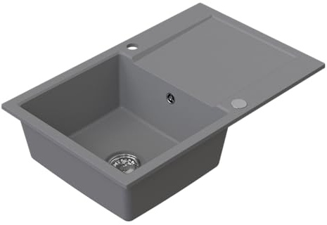 HOMEVELLO Spülbecken DIGNUM Einbecken Granitspüle 79x50x21cm Grau, Hochwertige Küchenspüle mit Siphon, Abtropffläche, Pflegeleicht, Kratzfest, Moderne Design, Perfekt für jede Küche