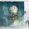 ABAKUHAUS Steampunk Duschvorhang, futuristisch Airship, Stoffliches Gewebe Badezimmerdekorationsset mit Haken, 175 x 200 cm, Blau Tan