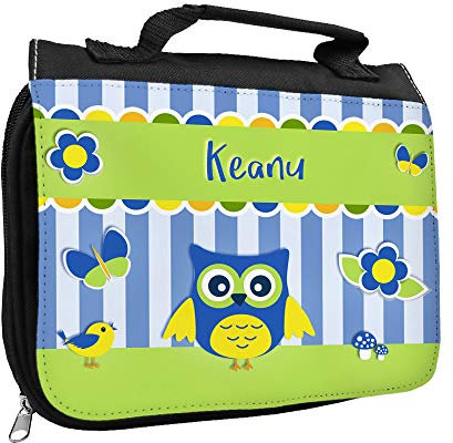 Kulturbeutel mit Namen Keanu und Eulen-Motiv | Kulturtasche mit Vornamen | Waschtasche für Kinder