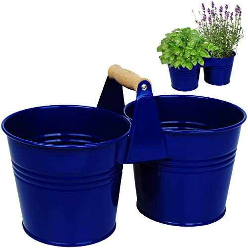 doppelter 2er - Metall - Blumentopf/Pflanzkübel/Pflanzschale - mit Holzgriff/Henkel - royal blau - 34 cm - RUND - frostsicher - MITTEL groß - Eimer/De..