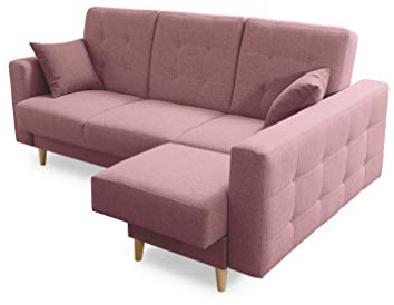 Robin Hilton Ecksofa mit Schlaffunktion Bettkasten 2 Kissen Sofa L-Form Schlafsofa Freistehende Eckcouch Schlafcouch Wohnzimmermöbel Wohnlandschaft Rechts Flamingo