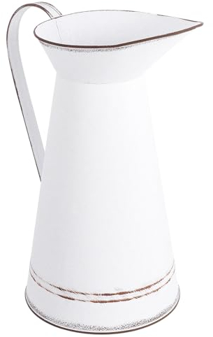 Angoily Jarrón de Flores de Metal Hierro Shabby Chic Jarrón Vintage Galvanizado Leche Lata Jarra Rústica Flor Cubo Contenedor Titular Granja Cubo Francés con Mango Blanco
