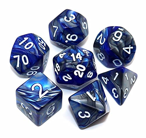 CREEBUY Polyedrisches Würfelset für Dungeon and Dragons, MTG, Rollenspiele, D20, D12, D10, D8, D6, D4, 7 Stück, Blau mit Silber