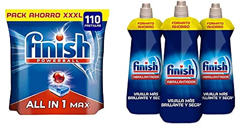 Finish Powerball All In 1 Max Pastillas Para El Lavavajillas Todo En 1 Formato 110 Unidades + Triplo Abrillantador Lavavajillas Pack De 3 Unidades X 800 Ml 480 Lavados
