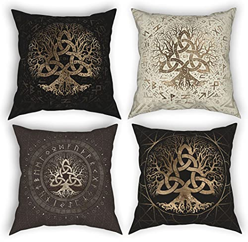 JJLLAZAD Sofa Kissenbezug 4 Stücke, Nordischer Mythologie Yggdrasil 3D-Muster, Wikinger,Quadrat,Polyester,Für Home Decor,Yggdrasil,20x20Inch