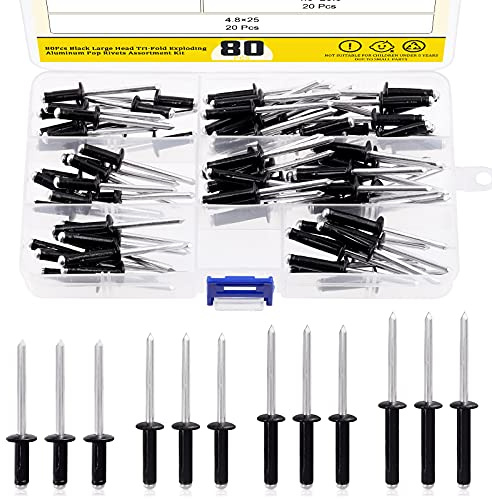 Mardatt Set di 80 rivetti ciechi flangiati in alluminio, rivetti a testa grande nera in alluminio esplosivi a testa larga per lamiere, automobili e mobili, 3/4, 13/16 x (9/16, 3/4, 13/16, 1)