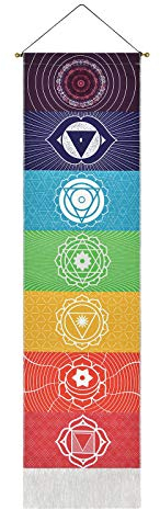 Yugarlibi Chakra Wandbehang, Meditation Yoga Wandteppich Bunt, Psychedelic Trippy Wandteppich mit Quaste, Mandala Tapisserie Wall Hangings für Schlafzimmer Wohnzimmer, Weiß Chakra 130x32.5cm