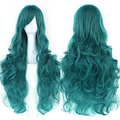 IMISSU 80cm langes lockiges Naturhaar Cosplay Perücke mit Pony Buntes Halloween Kostüm Party Perücken für Frauen (Grün)