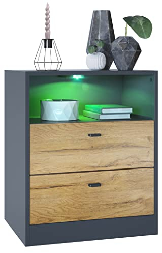 Vladon Kommode Pino V1, Made in Germany, Nachttisch mit 2 Schubladen & 1 offenem Fach, Anthrazit matt/Eiche Natur mit LED RGB (56 x 67,5 x 36 cm)