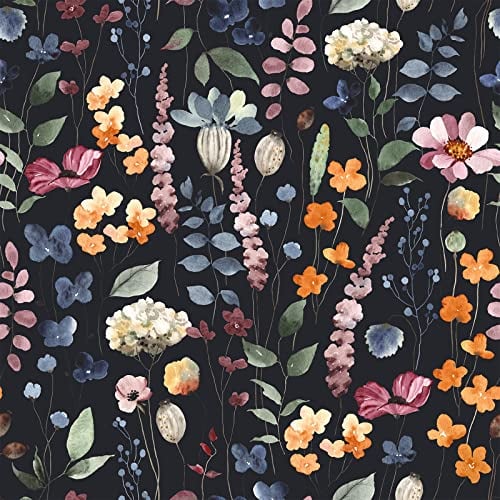 VEELIKE Tapete Schwarz Blumen 44.5cm×900cm Vintage Fototapete Schlafzimmer Romantik Küchentapete Abwaschbar Mustertapete Schrankaufkleber Schwarz Möbelfolie Selbstklebend Folie für Möbel Wohnzimmer