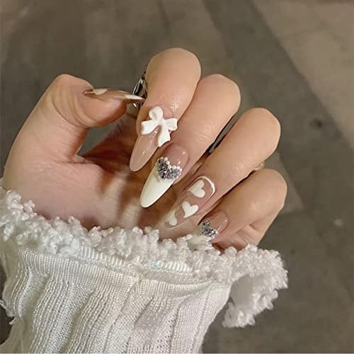 24-PCS Elegant Bow Press on Nails Wearable Medium Fake Nails Heart-shaped Fake Nails Glossy False Nails Full Cover Acrylic Nails for Women & Girls