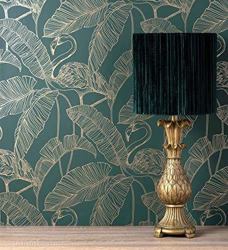GAULAN 681301 - Papel pintado lavable hojas tropicales y flamencos estilo art déco para pared salón dormitorio pasillo comedor - Rollo de 10 m x 0,53 m