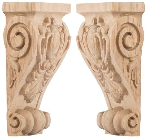 TCHOSUZ 3 inch-W 2 inch-D 6 inch-H Wood Carved Corbels, 2 -Pack Antique Traditional Unfinished Wooden Carving DIY Decorative Scrolled Millwork Brackets for Countertop Kitchen Fireplace Mantel