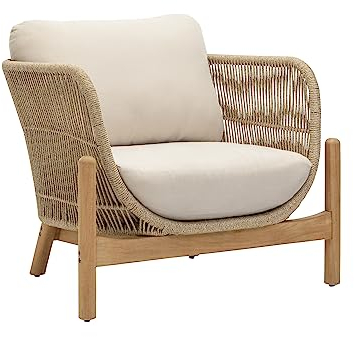 Dehner Sessel Portofino, für Indoor und Outdoor, 66.5 x 86.4 x 80.4 cm, Aluminium/FSC®-zertifiziertes Teakholz/Leinen, beige/Hellbraun