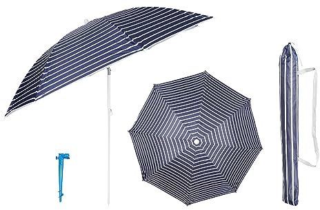Etrexonline Sombrilla de Playa Premium de 220 cm, Mástil de Acero, Protección Solar UPF+50, Antiviento, Inclinable, Varillas de Fibra de Vidrio, Incluye Bolsa de Viaje y Soporte - Azul Raya Ø220cm