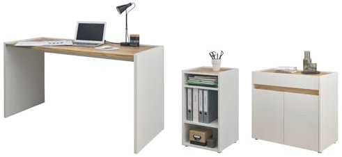 Furn.Design Büromöbel Set in weiß und Eiche Wotan mit Schreibtisch, Kommode, Regal modern für Homeoffice und Büro Schreibtisch mit Stauraum und Unterschrank Center (Set 3)