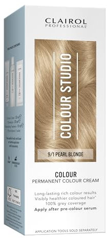 Clairol Colour Studio Permanent Colour Cream | Hair Dye | Long-lasting Rich Tones | 100% Grey Coverage | Dermatologically Tested Vegan Formula | Hair Colouring Kit | Pearl Blonde 9/1 | 50ML