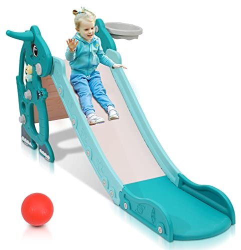 Yakimz Toboggan pliable pour enfant, stable, avec panier de basket, toboggan 4 en 1, toboggan de jardin pour enfants de 1 à 3 ans, toboggan amusant pour l'intérieur et l'extérieur, vert
