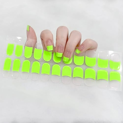 22PCS Autocollant Ongle Gel UV Semi Durci, Autocollants Auto-adhésifs pour Vernis à Ongles, Français Enveloppes à Ongles en Gel, Vert Fluorescent Full Wraps Nail Art Stickers, Lampe UV/LED Requise