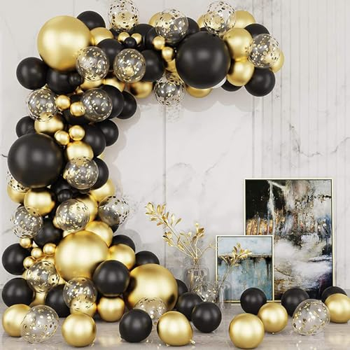 Luftballons Girlande Schwarz Gold,133 Stück Gold Schwarz Ballons Garland Kit mit Gold Konfetti Ballon für Geburtstag Graduation Party Hochzeit Engagement Graduation Dekorationen