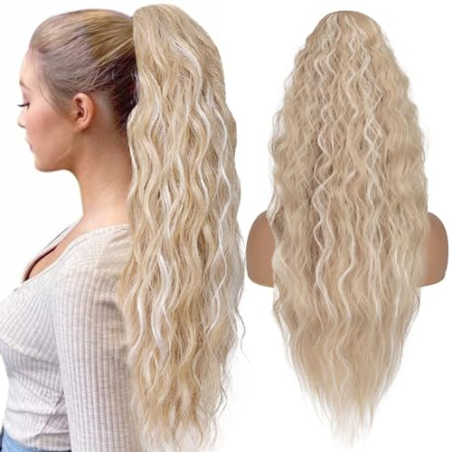 TESS Lange Pferdeschwanz Haarteil mit Kordelzug 80cm, Corn Wave Lockige Synthetische Ponytail Extension, Haarverlängerung Clip in Haarteile Haarzopf für Frauen Aschblond mit Highlights