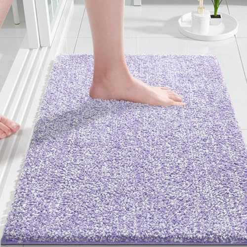 Yimobra Rutschfester Badezimmerteppich Extra weich und bequem Wasserabsorbierende, Dicke und maschinenwaschbare Badematte Flauschig für Dusche und Badewanne, Lila&Weiß, 51 x 81 cm