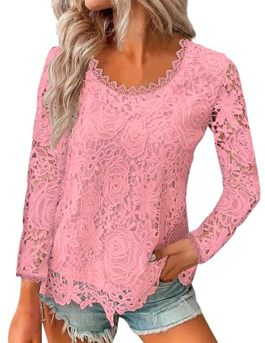 Tunique Femme Chic Et Elegant,Chemisiers Et Blouses Femme Haut Femme Ete Dentelle VêTements Femme Tee Shirt Femme Manches Longues Blouse Femme Grande Taille Chemise Longue Femme(Rose,XXL)