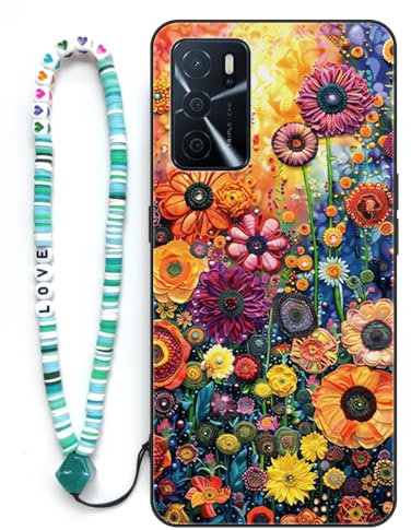Sinyunron Hülle Kompatibel mit Oppo A16 4G,Handyhülle 2-in-1 Hybrid Set [Stoßfeste TPU Schutzhülle+Gemusterte Rückseite],Handy Schutzschale mit Buntes Schlüsselband,Bunte Blumen