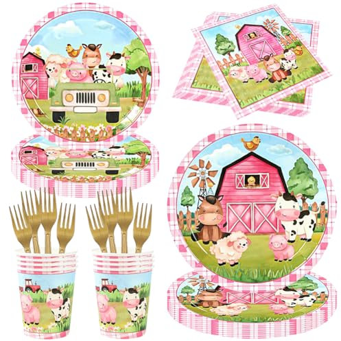 48PCS Farm Animal Party Decorations,Farm Party Tableware,Farm Birthday Party Supplies Plates Set,Farm Animal Paper Cups,Plates,Napkins,Fork,for Farm Animals Party Decorations