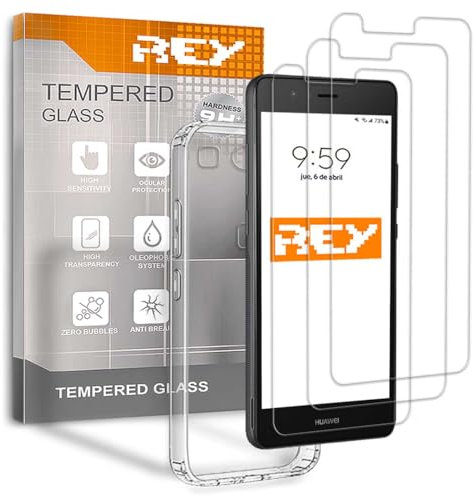 REY 3X Bildschirmschutz und Hülle für Huawei P9, Gehärtetem Glas und Silikon TPU mit hoher Widerstandsfähigkeit