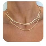 Halora Kette Gold Damen Choker Goldene Kette Frauen 14k Gold Plated Herringbone Chain Necklace Layered Choker Necklace for Women (3pcs chain necklace gold)