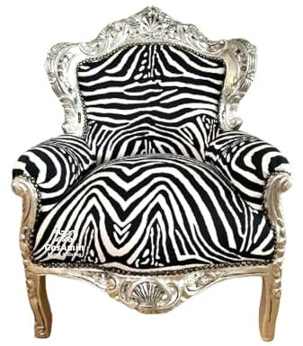 CasAmin Home & Living Sessel im Louis XV Stil mit Tierstreifen, Sofasessel im Retro Barock Rokoko Stil in Silber Finish für die Inneneinrichtung