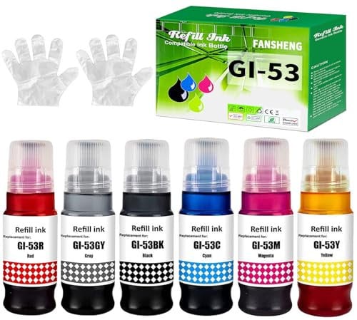 FANSHENG GI53 Ink Compatible with Canon GI-53 ink refill bottles for Pixma G550 G650 Printer (6 Pack, Black/Cyan/Magenta/Yellow/Red/Grey)
