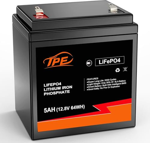 TPE High-Performance 12V 5AH LiFePO4 Lithium Battery with Built-in BMS Lithium Iron Phosphate Deep Cycle Rechargeable Battery Offering Over 2500 Life Cycles, Ideal for RV,Solar,Marine and More
