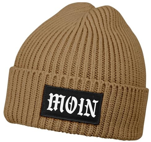 Neverless® Herren Beanie Aufdruck Moin Wintermütze mit Patch Print Norddeutsch Strickmütze mit Umschlag Rippstrick Hellbraun Unisize