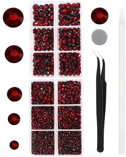 YHMQ DU 6616 Stück dunkelrote Hotfix-Strasssteine, Kristall Steine, Glas, für Stoff, Kleidung, Hemden, funkelnd, flache Rückseite, rund Strasssteine mit Picking-Stift und Pinzette (SS6~SS30-Set)