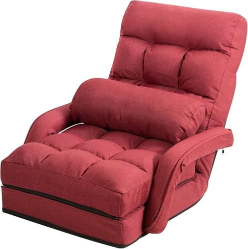 FANTASK Bodenstuhl mit Verstellbarer Rückenlehne, Bodensofa mit Schlaffunktion in rot, gepolstertes Klappsofa mit Armlehnen und Kissen, Bodensessel
