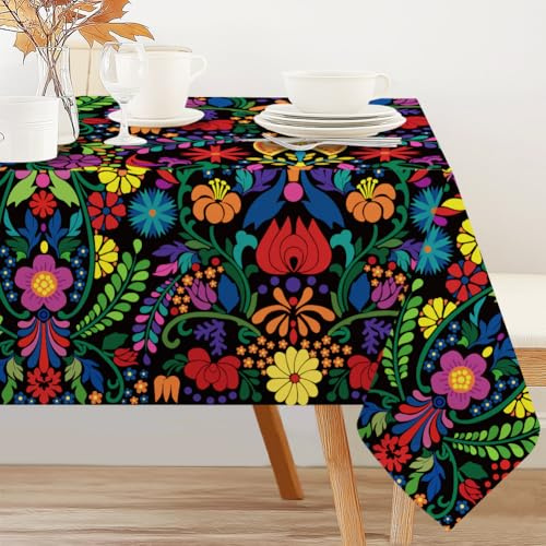 INFUNLY Mexiko Tischdecke Rechteckig 60 x 90Inch Halloween Cinco De Mayo Fiesta Party Tag Der Toten Tischdecke Mexiko Bunte Blumentischdecke Abwischbar für Küche Picknick Abendessen Dekoration