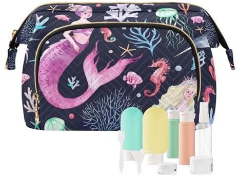 Colorful Mermaids Corals Seahorse Unicorn-fish and Jellyfish Women Cosmetic Bag Makeup Bag Stylish Trip Beauty Bag Travel Toiletry Bag with Bottle Organizer 10.2 x 5.9 x 6.7 inch