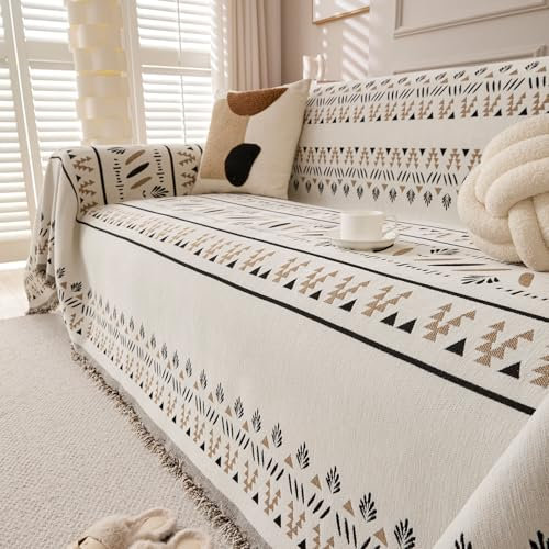 Eestfy Sofabezug Schonbezug – Rutschfester Chenille-Stoff – vollständiger Schutz vor Haustieren und Flecken – ideal für 3-Sitzer-Couch – Bohème-Stil,Champagne,180×460cm
