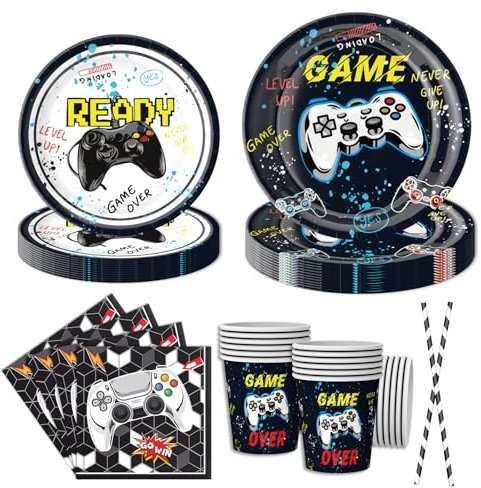 Lot de 50 assiettes de fête de jeu vidéo, jetables, serviettes de fête, pailles en papier, accessoires de fête d'anniversaire, assiettes de fête, pour 10 personnes